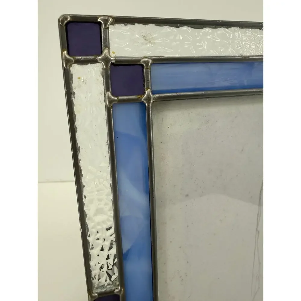 Stained Glass Picture Frame Blue Rippled Glass Easel Back Tabletop Holds 5x7